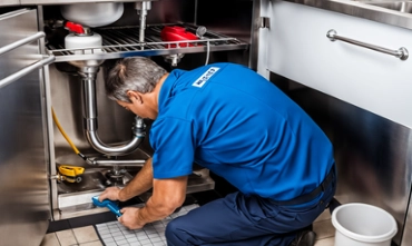 Ein Installateur, repariert die Spüle in einer Großküche